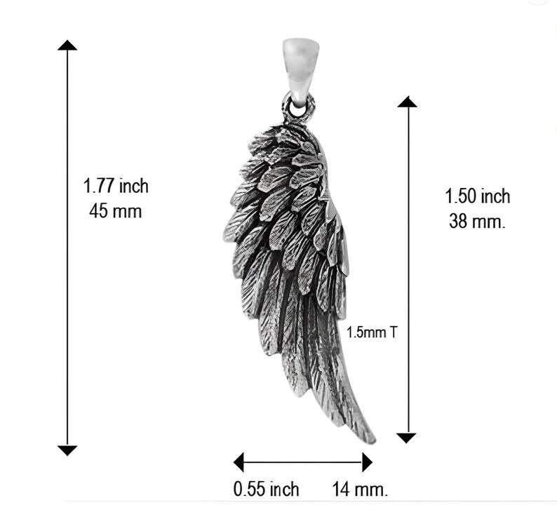 May include: Silver pendant in the shape of an angel wing. The wing is detailed with feathers and measures 1.77 inches tall and 1.50 inches wide.