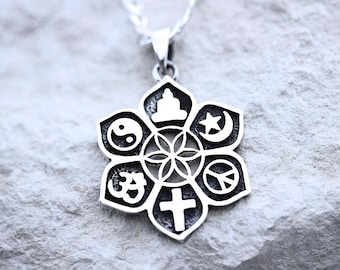 Collar con colgante Coexist. Collar Coexist de plata de ley con colgante de armonía y 7 símbolos espirituales. Cadena a elegir. Para hombre o mujer.