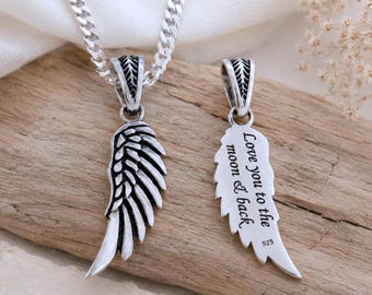 Engraved Wing 925 Sterling Silver Personalized Wing necklace Customized Memorial Gift. Select chain. Longer thick chain avail. Contact me