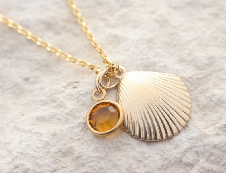 gold seashell Gold seashell necklace choose birthstone Gold sea shell Necklace gold filled seashell necklace protection necklace