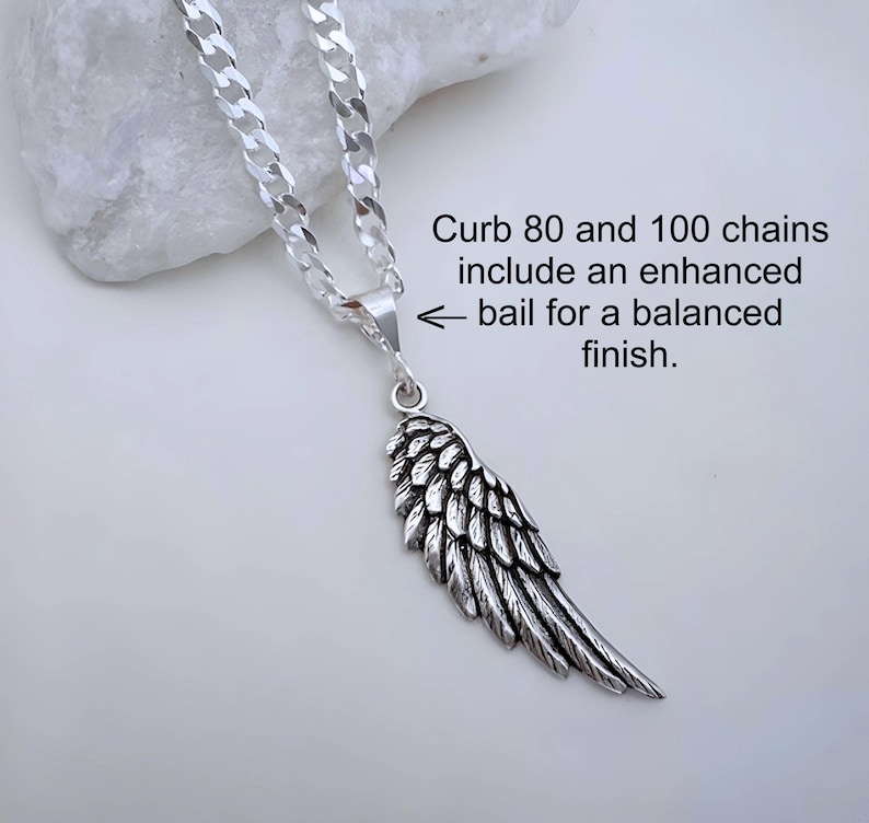 May include: Silver chain necklace with a detailed silver angel wing pendant. Curb 80 and 100 chains include an enhanced bail for a balanced finish.