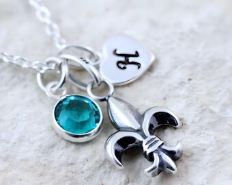Sterling Silver Fleur-de-lis Necklace, custom Fleur-de-Lis Charm. choose charms Initial birthstone - Sterling Silver Fleur De Lis pendant.