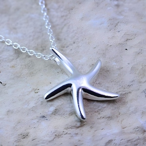 May include: A silver starfish pendant necklace. The starfish is a simple design with a smooth, polished finish.