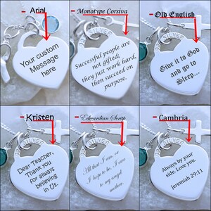 May include: A set of six silver heart necklaces with cross charms. Each necklace features a different font style and a personalized message. The messages include "Your custom message here", "Successful people are not gifted; they just work hard, then succeed on purpose", "Give it to God and go to Sleep...", "Dear Teacher, Thank you for always believing in Us.", "All that I am, or I hope to be. I owe to my angel mother.", and "Always by your side. Love you. Jeremiah 29:11".