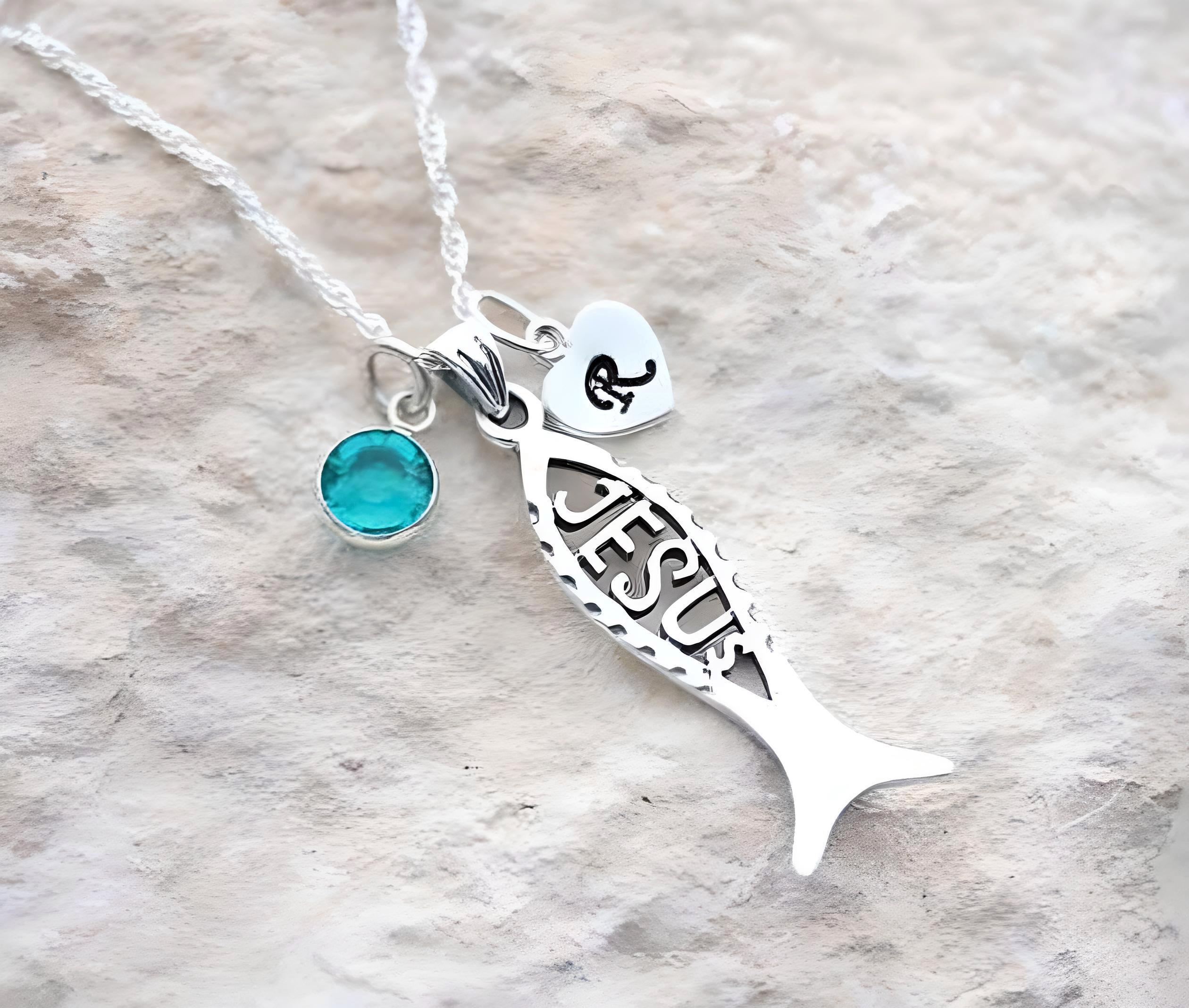 Sterling silver Jesus necklace, silver Ichthys Jesus fish necklace Personalized Initial & Birthstone. Select Cahin