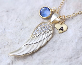 Collier aile en or et breloques personnalisées, collier aile d'ange en or, aile d'ange gardien en or avec zircons. Argent sur demande