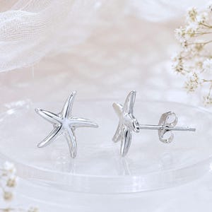 May include: A pair of silver starfish stud earrings. Each earring features a detailed five-pointed starfish design. The earrings are displayed on a clear surface with a soft, blurred background.