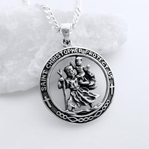 Sterling Silver St Christopher Necklace Travelers Protection Symbol Silver St Christopher Medallion necklace, Religious Jewelry