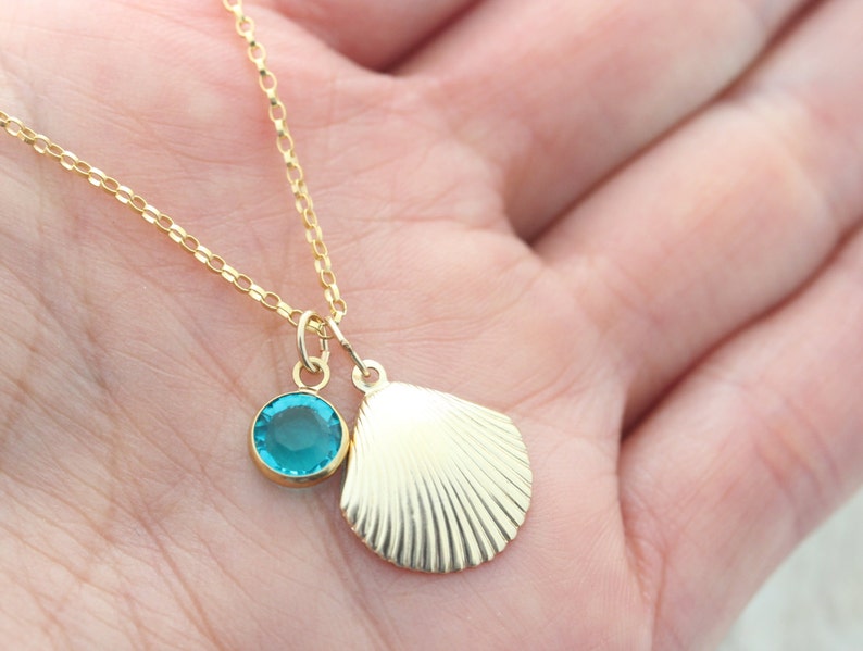 gold seashell Gold seashell necklace choose birthstone Gold sea shell Necklace gold filled seashell necklace protection necklace