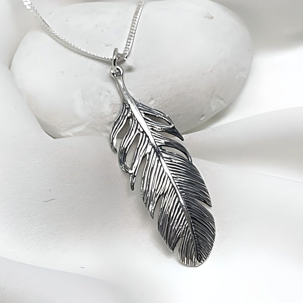 Solid 925 Sterling Silver Feather Necklace. Large Feather Pendant. Chain Sterling Silver. Choose Chain