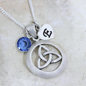 Sterling Triquetra necklace custom initial & birthstone choose your chain, Sterling Silver Trinity Knot Necklace, Celtic triquetra