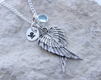 Double Wing Pendant Necklace Sterling Silver Wing Necklace. Customized birthstone and initial, choose Chain Guandian Angel Wings 32 x 18mm.