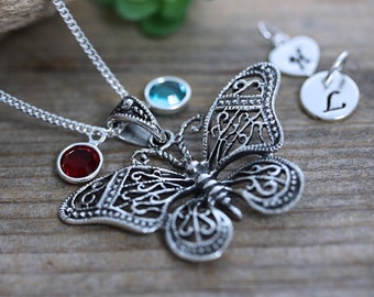 Personalized sterling silver large butterfly Necklace, large silver butterfly necklace choose Chain, butterfly Initial Birthstone necklace