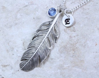 Personalized sterling silver Feather Necklace birthstone and initial, Large feather necklace choose Chain, large feather pendant necklace