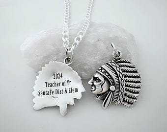 Sterling Silver Engraved Indian. Unisex Gift. Indian Chief Head. Select Thick or Thin Chain Men & Women