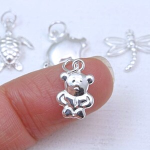 May include: A collection of small silver-toned metal charms featuring a teddy bear, a sea turtle, and a dragonfly. Each charm includes a circular jump ring at the top for attachment. The teddy bear charm is shown in the foreground with a polished finish.