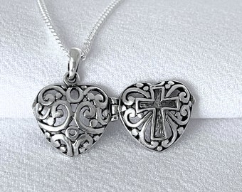 Sterling silver Heart Locket Necklace, Heart Cross Locket  Gift for Her. Choose chain