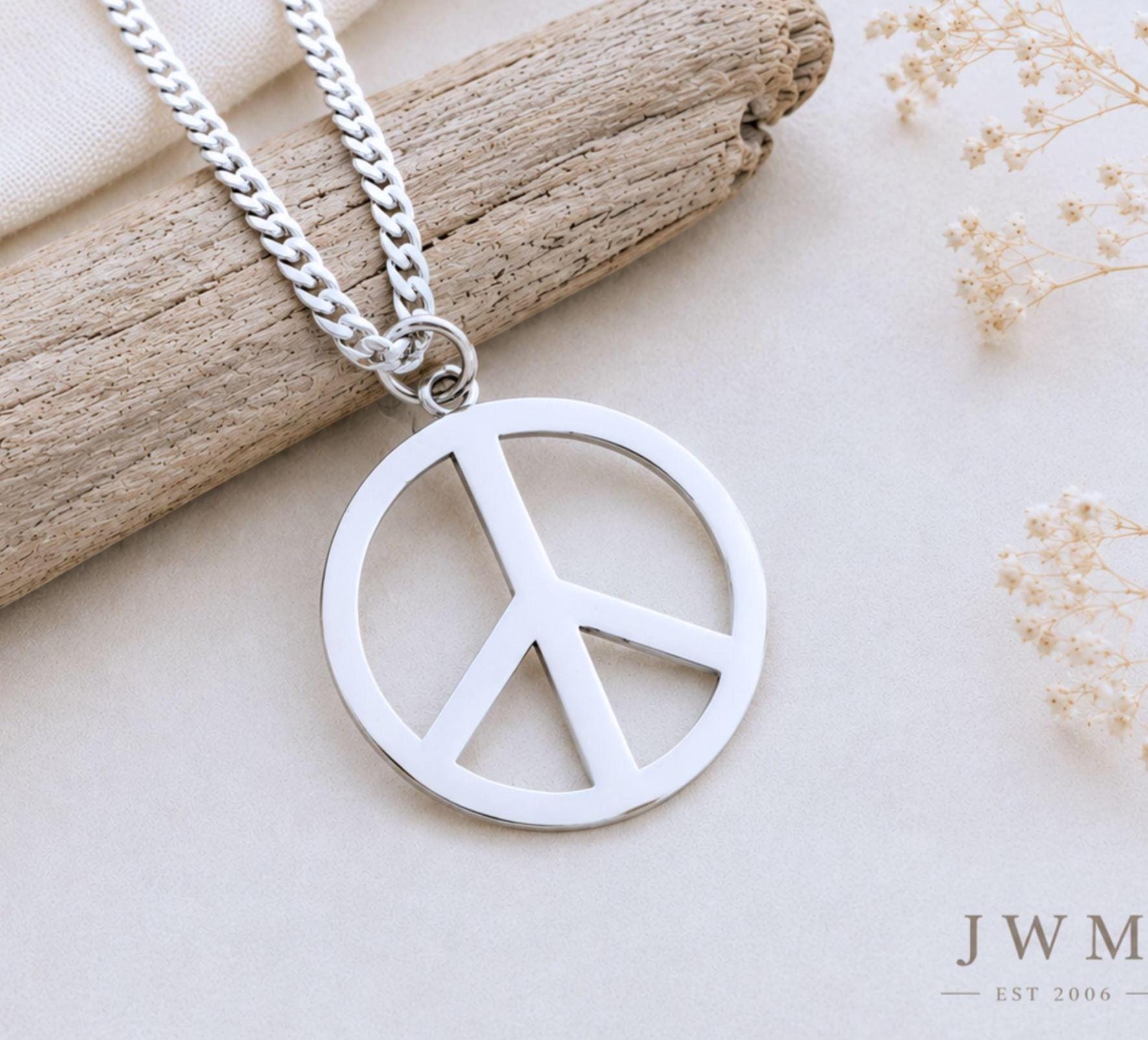 Sterling Silver Men Peace Necklace, Man Peace Jewelry, Silver
