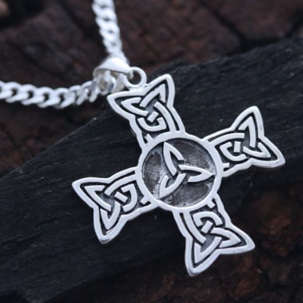 Choose Sterling Silver chain. Men Cross Sterling silver Irish Cross Necklace, Triquetra Celtic cross. Cross pattée Necklace. 5402