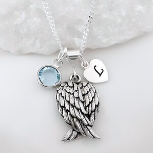 Sterling silver angel wing necklace. custom necklace, choose chain initial birthstone. sweet 16. memorial wing necklace, silver angel wing