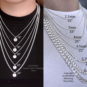 May include: A comparison chart of silver chain necklaces in different styles and lengths. The chains are labeled with their width in millimeters and length in inches. The chart includes cable chains in lengths from 16 to 24 inches and curb chains in lengths from 16 to 28 inches.