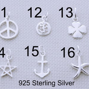 May include: Six silver charms labeled 11 through 16, including a peace sign, Om symbol, four-leaf clover, star, anchor, and starfish. Each charm features a jump ring for attachment. The text 925 Sterling Silver is printed at the bottom.