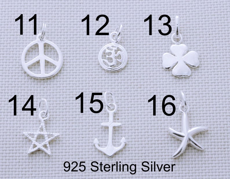 May include: Six silver charms labeled 11 through 16, including a peace sign, Om symbol, four-leaf clover, star, anchor, and starfish. Each charm features a jump ring for attachment. The text 925 Sterling Silver is printed at the bottom.