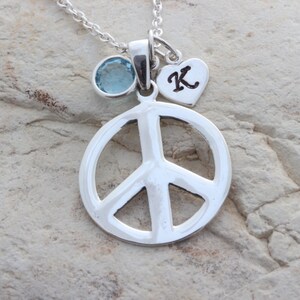 Silber Frieden Halskette, Frieden Schmuck, Sterling Silber Peace Zeichen Halskette benutzerdefinierte Initial & Birthstone, Wählen Sie Kette, Frieden Halskette. R84