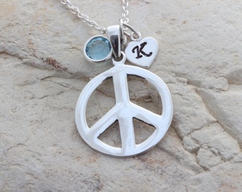 Silver Peace Necklace, Peace Jewelry, Sterling silver Peace Sign Necklace custom Initial & Birthstone, Choose Chain, Peace Necklace. R84