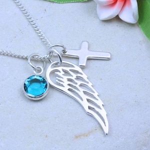 Sterling silver angel wing necklace. Silver filigree angel wing With 2 small Charms, memorial wing necklace. Chose chain