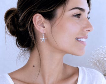 Pendientes de estrella de mar de plata de ley 925. Tamaño: 13 mm o 0,51 pulgadas.