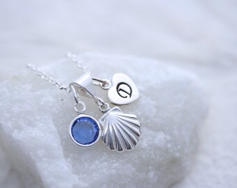 Sterling Silver seashell necklace, Choose Birthstone and Initial. Beach Wedding Gift.