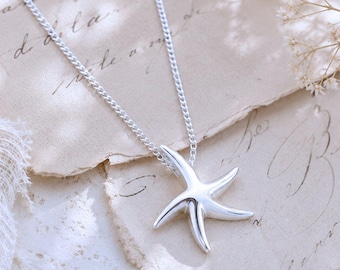 Collar de estrella de mar en plata de ley maciza. Colgante de estrella de mar hipoalergénico. Sin acero inoxidable, plomo, peltre ni níquel. Elige la cadena.