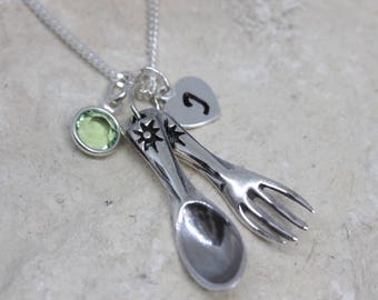 Personalised Sterling Silver Fork Spoon necklace, Fork Spoon necklace, Cutlery necklace, Kitchen Utensils necklace, Cheff necklace gift