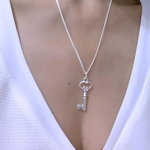 Fancy elegant sterling silver key necklace, Sterling Silver Jewelry,  Silver Skeleton Key Necklace. Choose chain