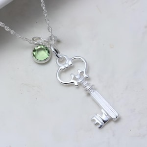 925 Sterling silver Key Necklace, Choose Initial OR Birthstone. Silver Key jewelry, Fancy elegant silver Skeleton key necklace, Choose chain
