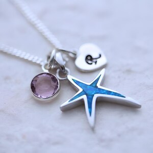 以下が含まれることがあります： 青い星形のチャーム、ピンクの宝石のチャーム、そして「L」の文字が刻まれた銀色のハートのチャームが付いた銀色のネックレスです。