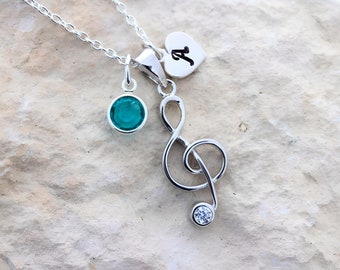 Sterling silver treble clef necklace, custom birthstones and/or initial, silver treble clef pendant, music teacher gift. music students gift
