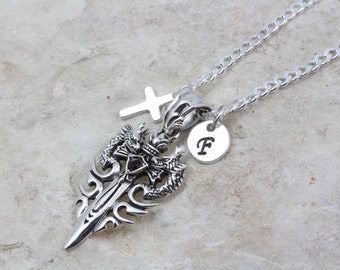 Sterling Silver Sword Dragon Necklace. Double dragon sword pendant sword necklace, Bahamut sword necklace, choose chain for man, woman.