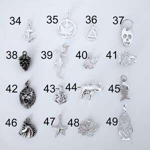 Puede incluir: Una colecci&oacute;n de diecis&eacute;is dijes de metal plateado numerados del 34 al 49, con diversas formas que incluyen un ancla, hoja de arce, tri&aacute;ngulo, calavera, pi&ntilde;a, lagarto, elefante, espina de pescado, cabeza de le&oacute;n, Ganesha, estrella de mar, loto y b&uacute;ho.