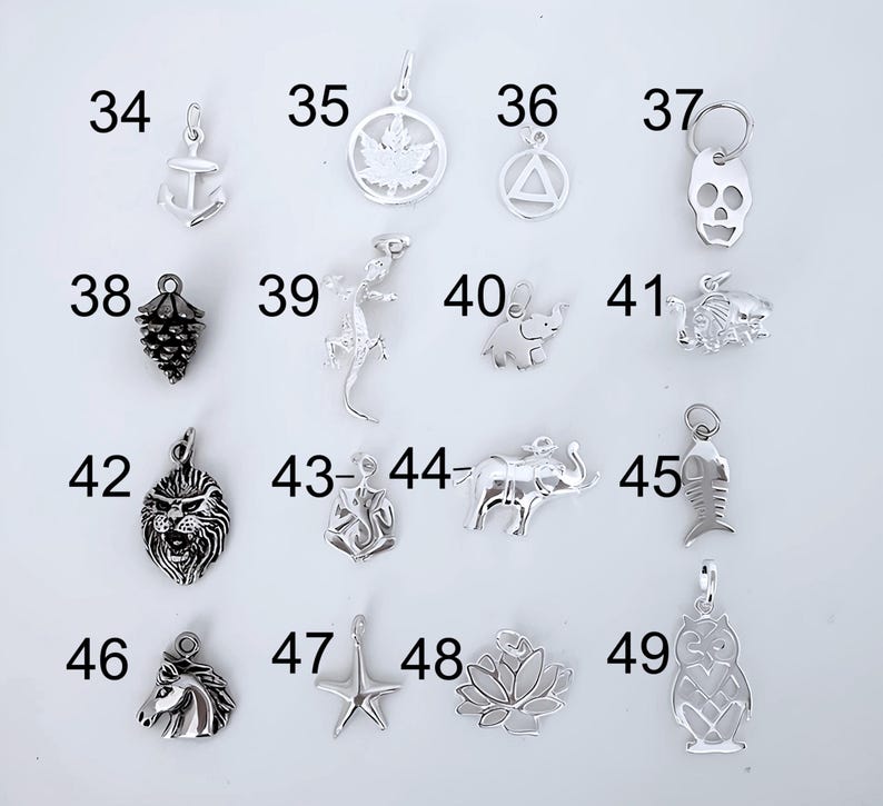 Puede incluir: Una colecci&oacute;n de diecis&eacute;is dijes de metal plateado numerados del 34 al 49, con diversas formas que incluyen un ancla, hoja de arce, tri&aacute;ngulo, calavera, pi&ntilde;a, lagarto, elefante, espina de pescado, cabeza de le&oacute;n, Ganesha, estrella de mar, loto y b&uacute;ho.