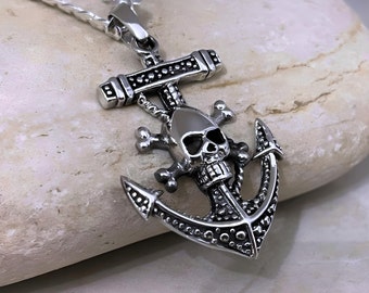 Choose Sterling silver chain with Sterling Silver Anchor Pendant Mens Necklace. Skull Anchor. Biker Necklace, Nautical Necklace. Unisex.