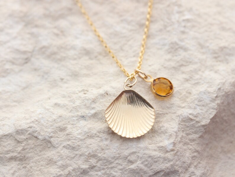 gold seashell Gold seashell necklace choose birthstone Gold sea shell Necklace gold filled seashell necklace protection necklace