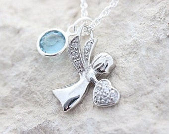 Collar de ángel de la guarda en plata de ley con piedra de nacimiento, ángel de plata con dije de circonita cúbica, regalo de primera comunión y bautismo, ángel de plata. Elige la cadena.