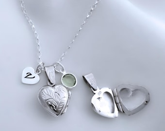 Sterling Silver Heart Locket Necklace Silver Small Heart Locket Jewelry, 2 Personalized Charms. R-21