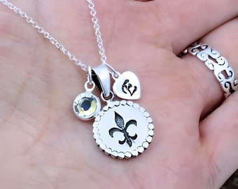 Choose Chain. Sterling Silver Fleur-de-lis Necklace, customized  Initial birthstone wiht Sterling Silver Fleur De Lis pendant.