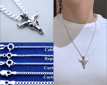 Select 925 Sterling Silver Chain With Solid Sterling silver Bull Necklace, Silver Mens Bull Skull Pendant, Skull Buffalo, Bull Head Horn