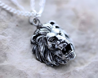 Sterling Silver Lion Head necklace. Sterling silver Lion Pendant, Lion Necklace. Leo Zodiac sign. Choose Chain