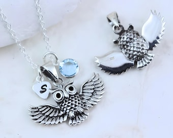 Personalized Sterling silver owl Necklace. Wise Owl with 2 Small Charms. Owl Size 0.59 x 1.02"