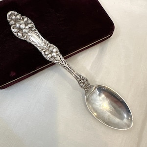 May include: A silver spoon with floral detailing on the handle and bowl. The spoon is set against a burgundy velvet surface and a white background. The spoon's handle features intricate flower and leaf designs.